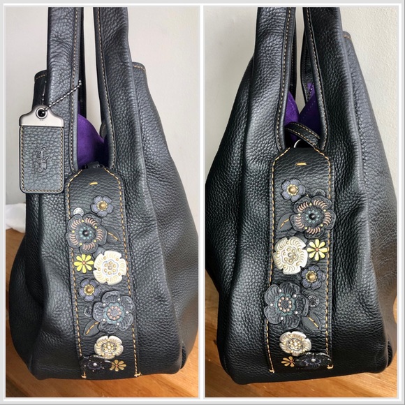Coach 1941 Tooled Tea Rose Bandit Hobo 39 Bag Black/Purple - Picture 3 of 12